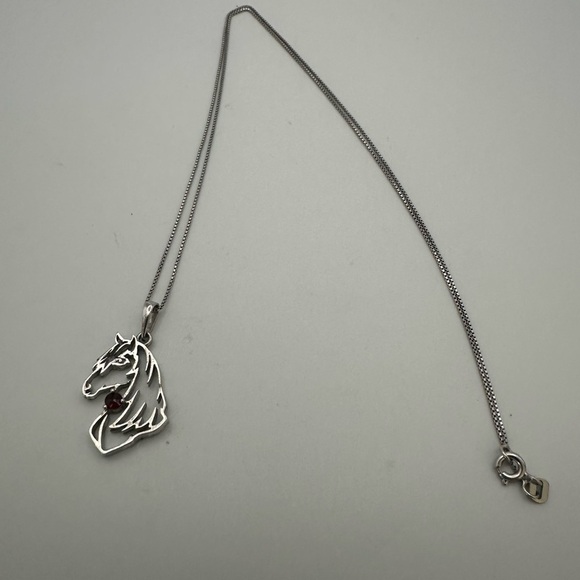 Sterling Silver Horse Pendant Necklace | 925 Italy Chain with Garnet Gemstone - Picture 7 of 16